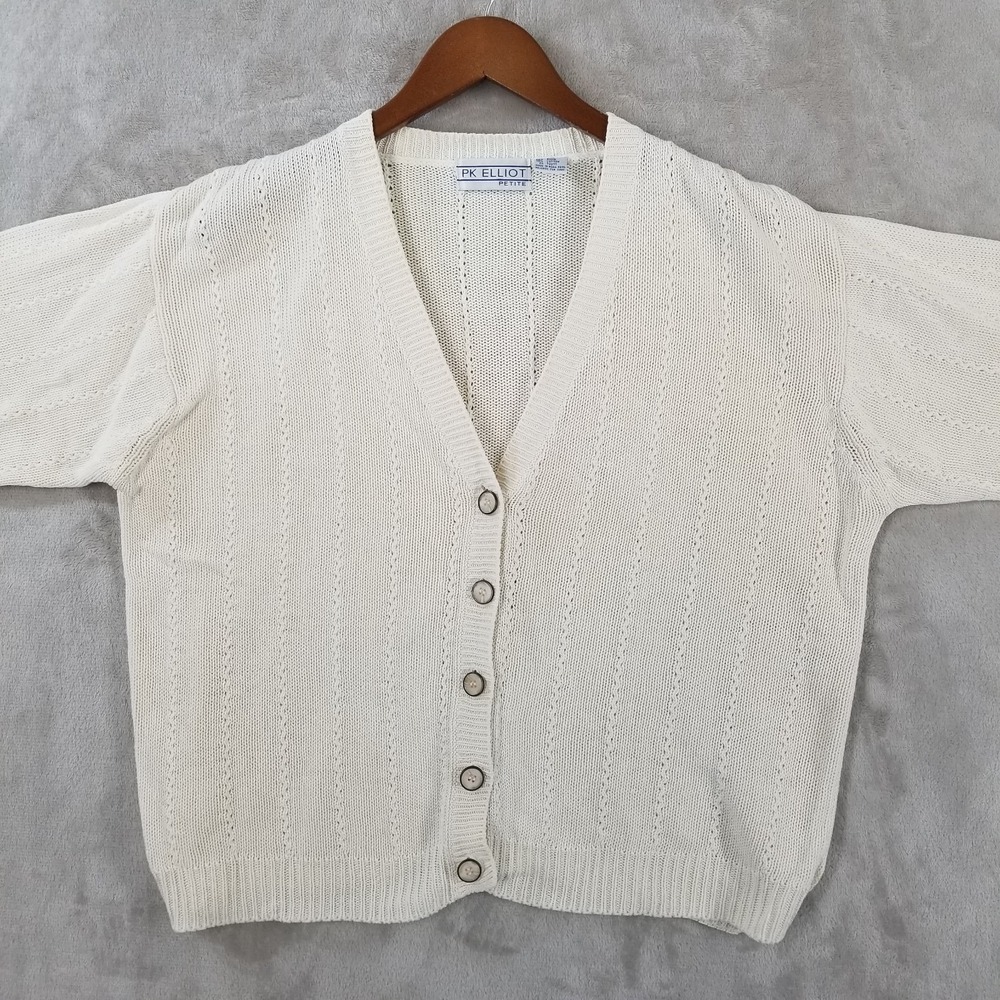 Vtg Cardigan Women Petite M Ivory Cotton Blend Boxy Crop Lightweight Academia